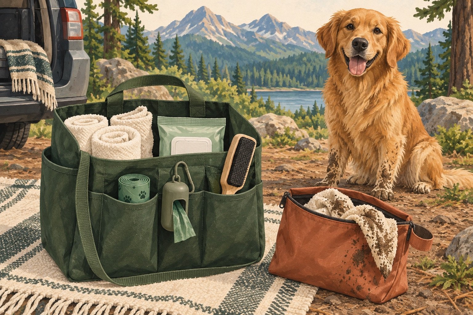 Illustration of clean towels, waste bags and a lint brush in a tote, with muddy towels kept in a separate pouch.