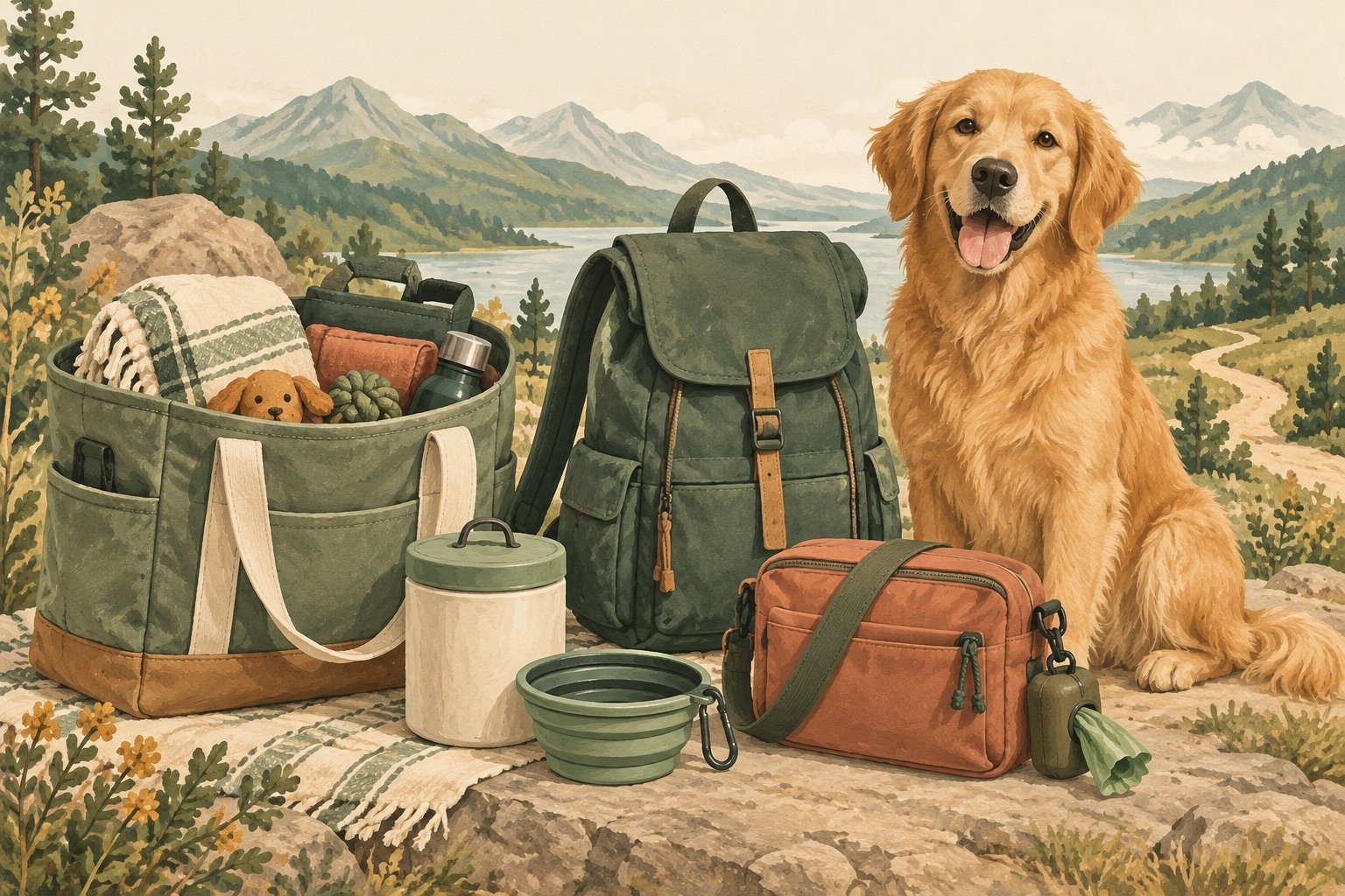 Illustration of a dog travel tote, backpack and walking pouch with bowls and supplies beside a golden dog.