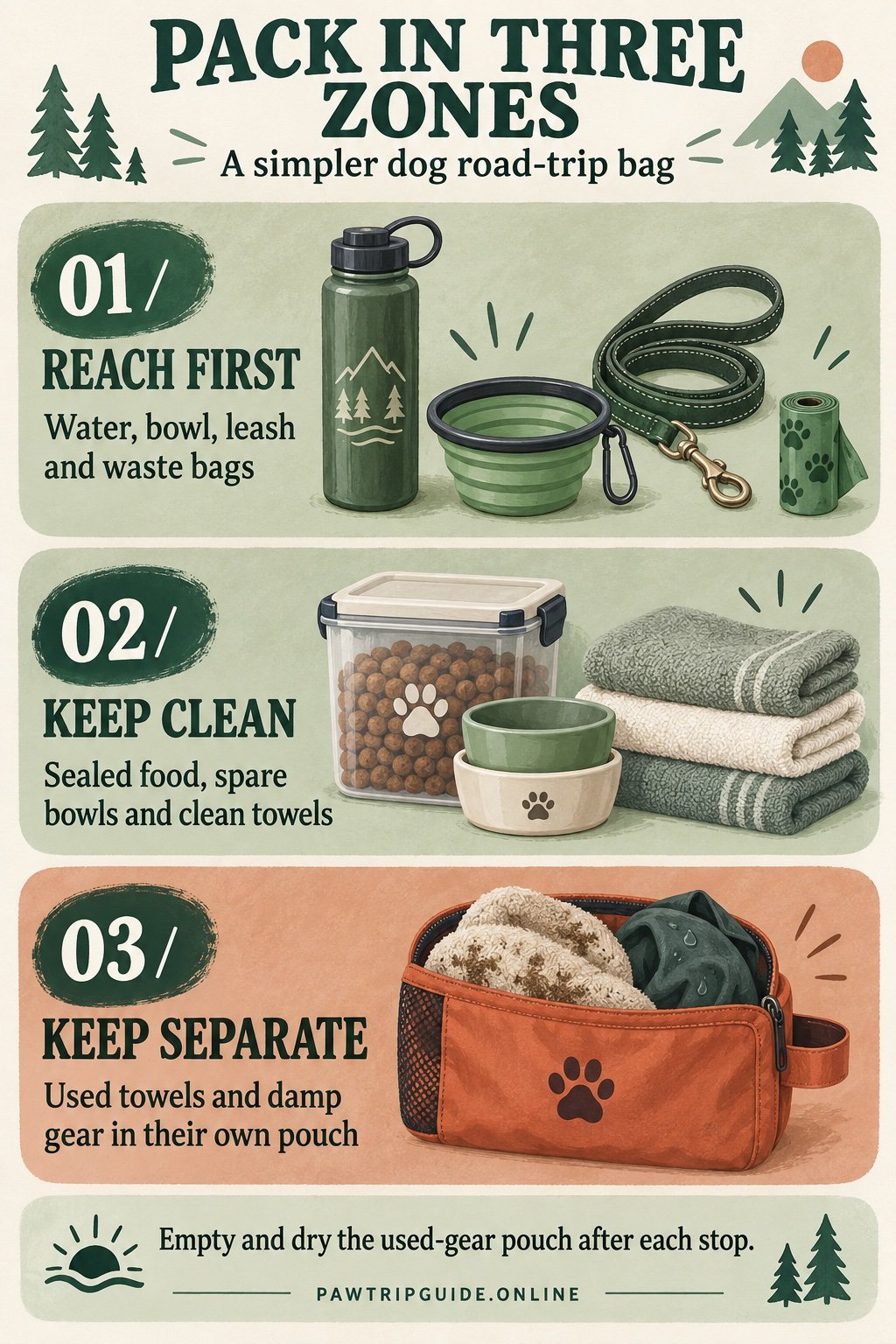 Three packing zones: keep water, bowl, leash and waste bags accessible; store food and clean supplies together; separate damp and used gear.