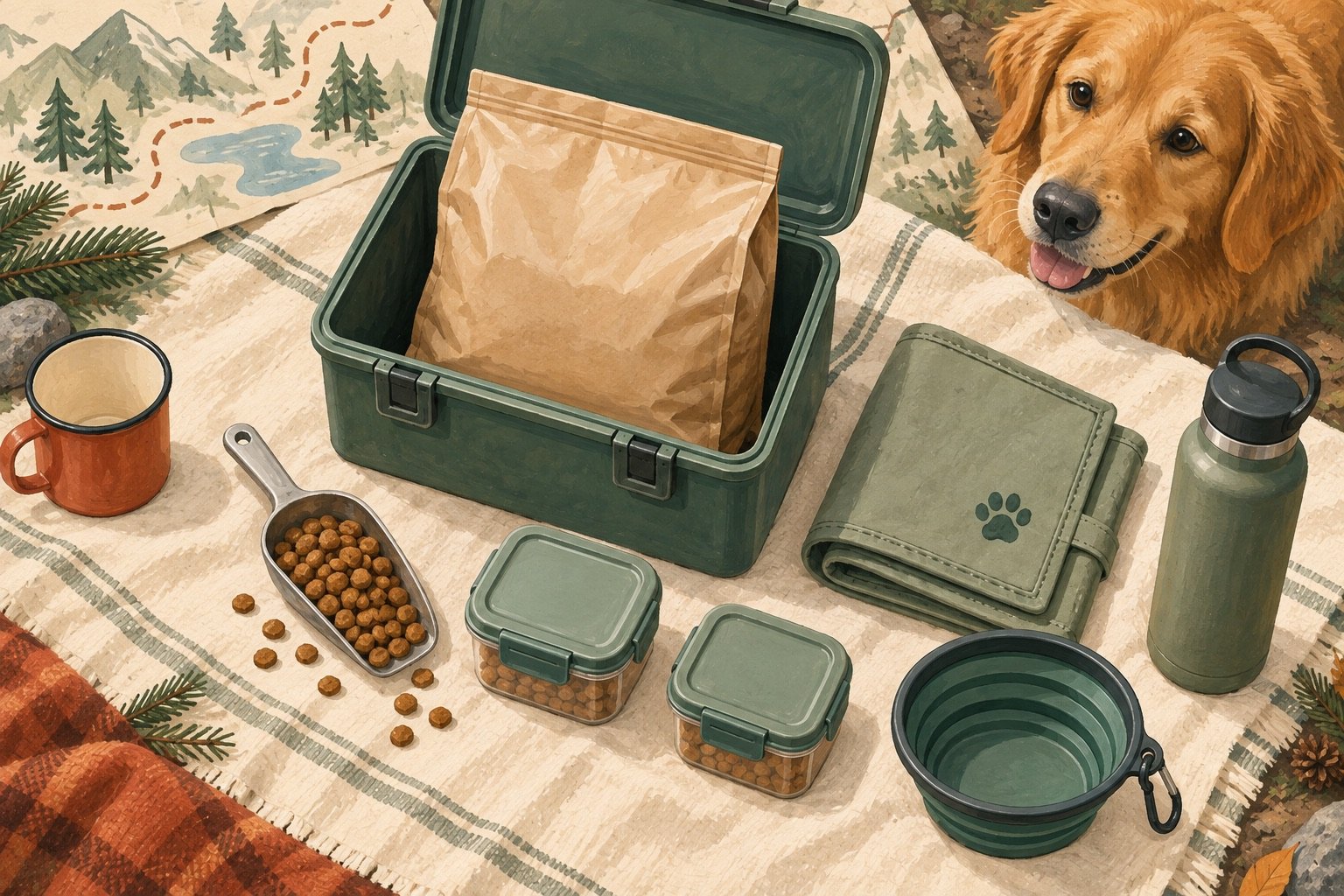 Illustration of a dog-food bag inside a storage box with a scoop, portion containers, feeding mat and travel bowl.